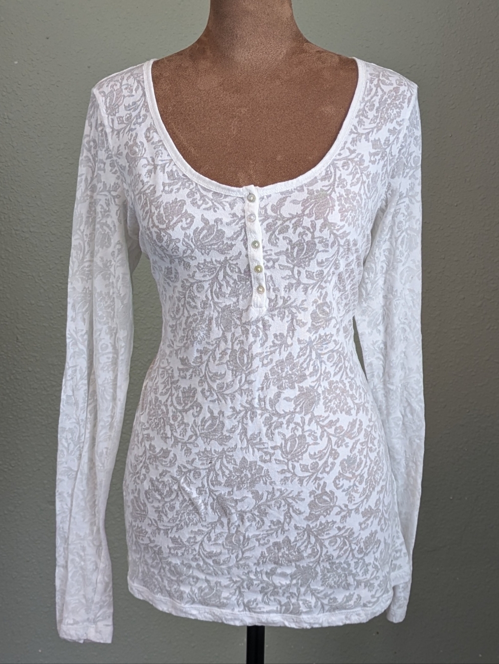 White Floral Burnout Long-Sleeve Henley Top